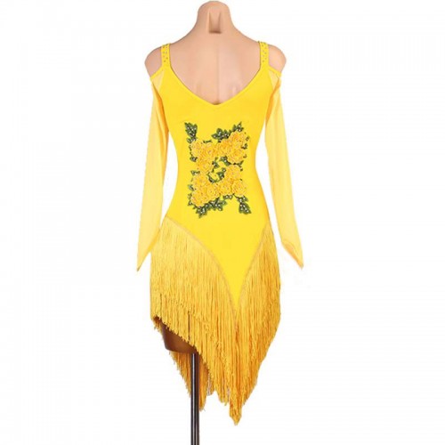 Yellow flowers competition latin dance dresses for women girls salsa rumba chacha stage performance costumes latin dance skirts for female